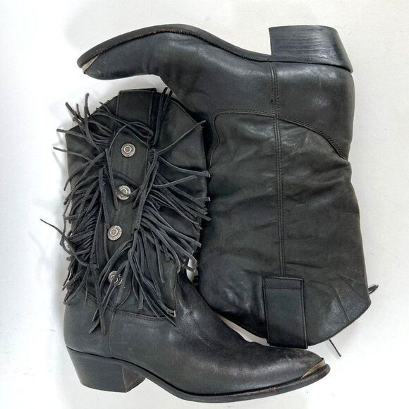 Code West Shoes - Women's Vintage 90s Black Cowgirl Western Biker Fringe Leather Boots / 8